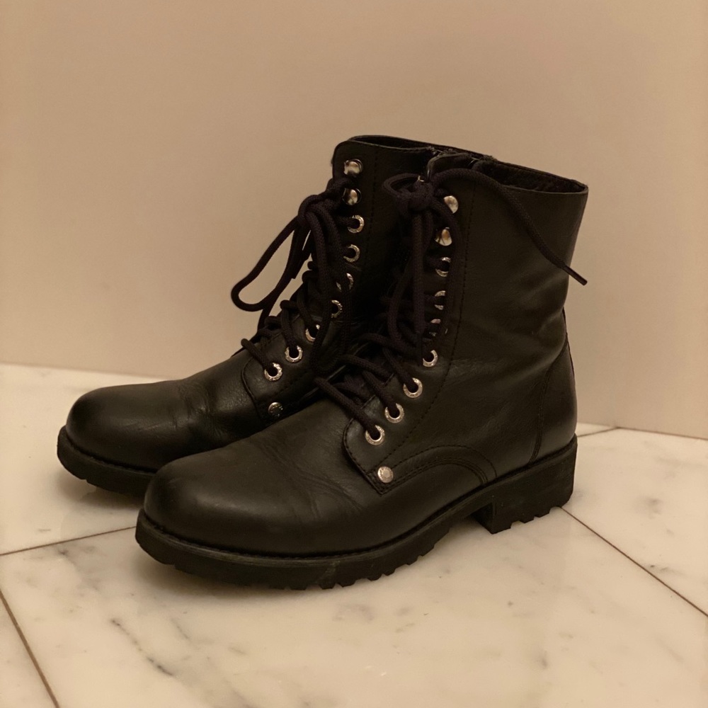 Vagabond lace up black combat boots with side zip